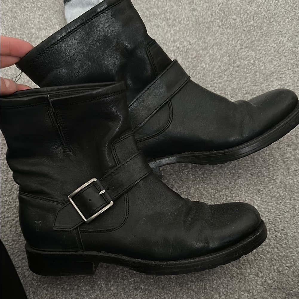 Frye Black Leather Buckle Boots